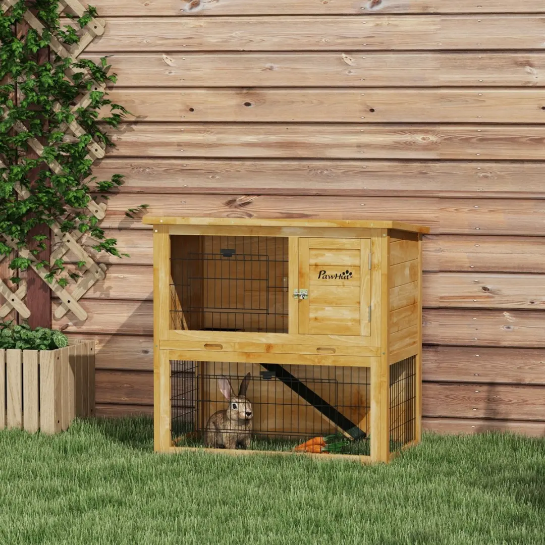 Pawhut Konijnenhok Hout 85x50x80cm - 2 Verdiepingen - Geel - afbeelding 6 van 6