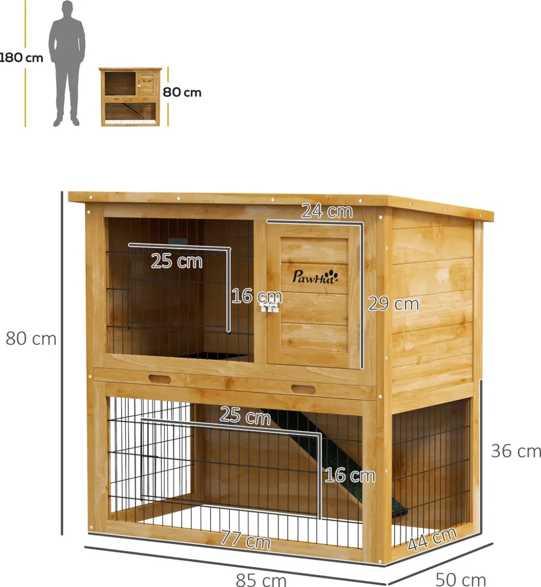Pawhut Konijnenhok Hout 85x50x80cm - 2 Verdiepingen - Geel