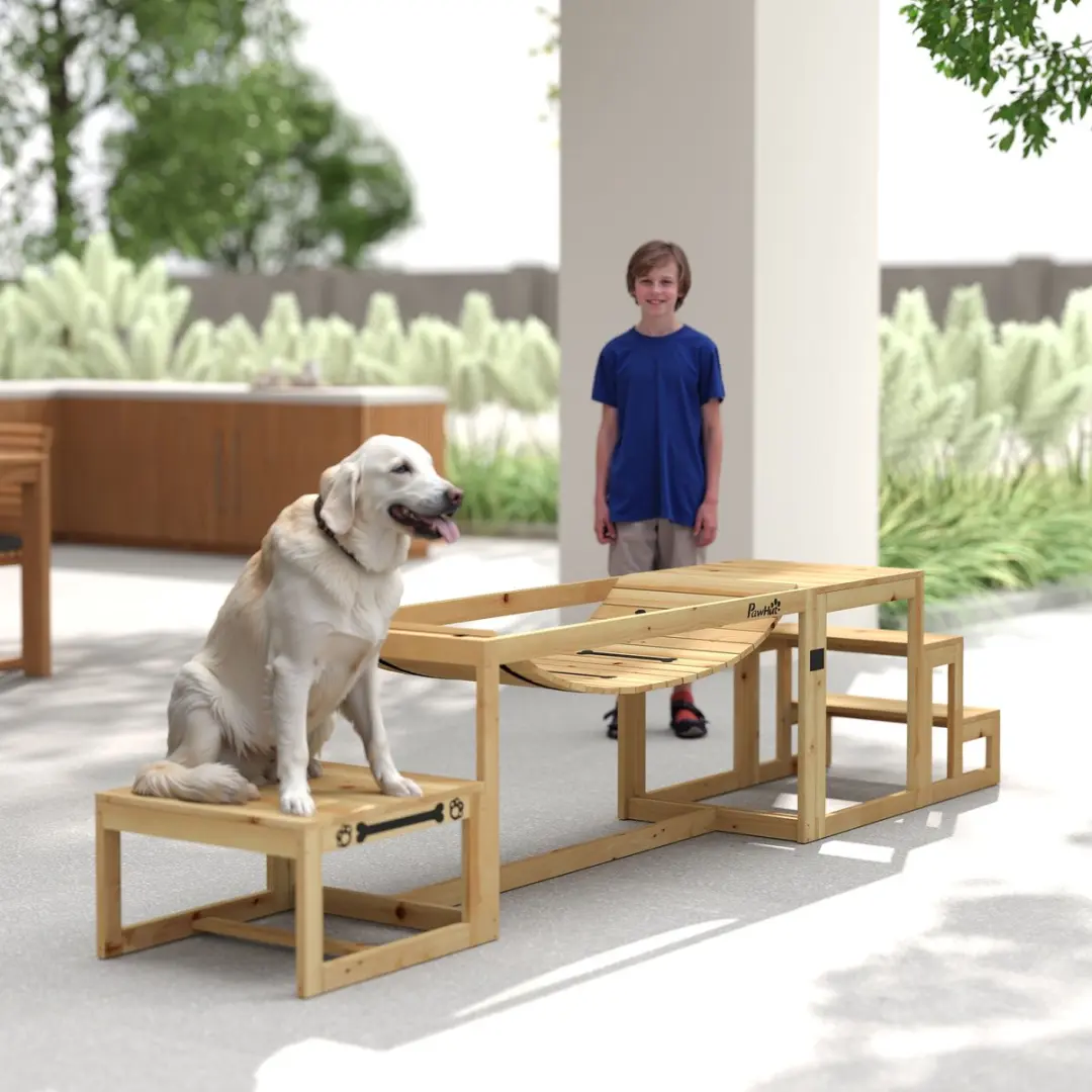 Pawhut Honden Agility Set Brug en Trap - Natuurlijk Hout