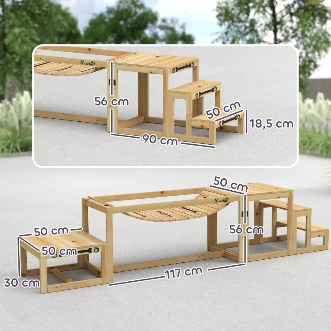 Pawhut Honden Agility Set Brug en Trap - Natuurlijk Hout