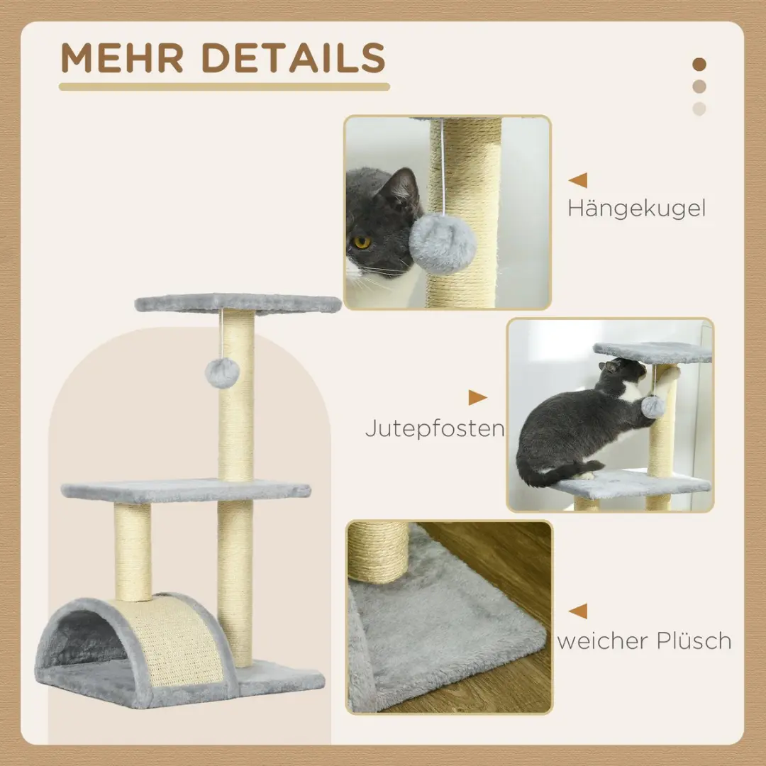Pawhut Kratzbaum 72cm Kattenkrabboom - 3 Niveaus - Hellgrau
