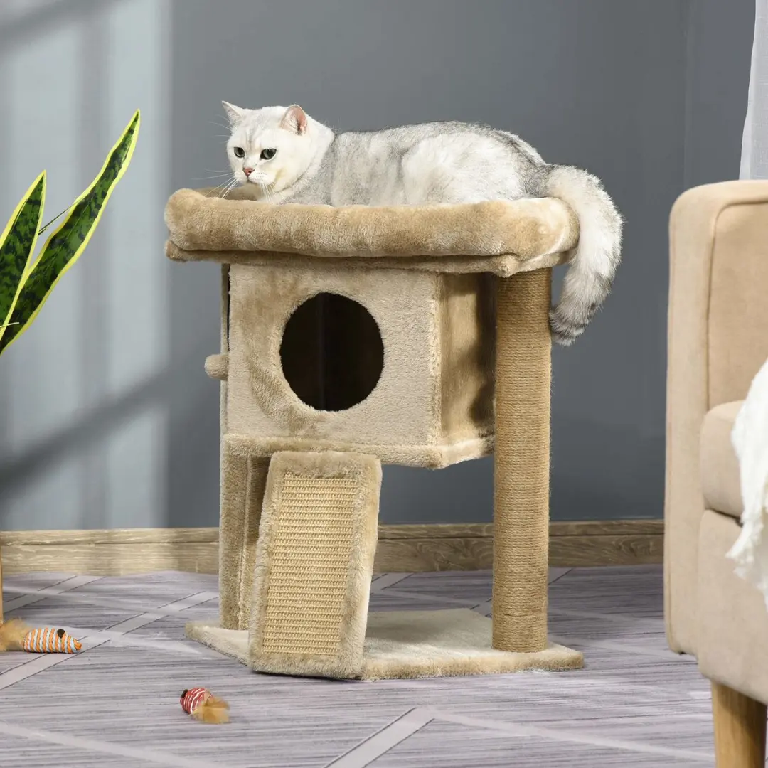 Pawhut Krabpaal met Jute Mat 3 Niveaus - Lichtgrijs