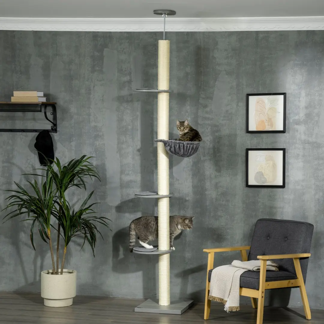 Pawhut Deckenhoog Krabpaal met Hangmat D30-660V00 - 4 Niveaus - 4 Ligplekken