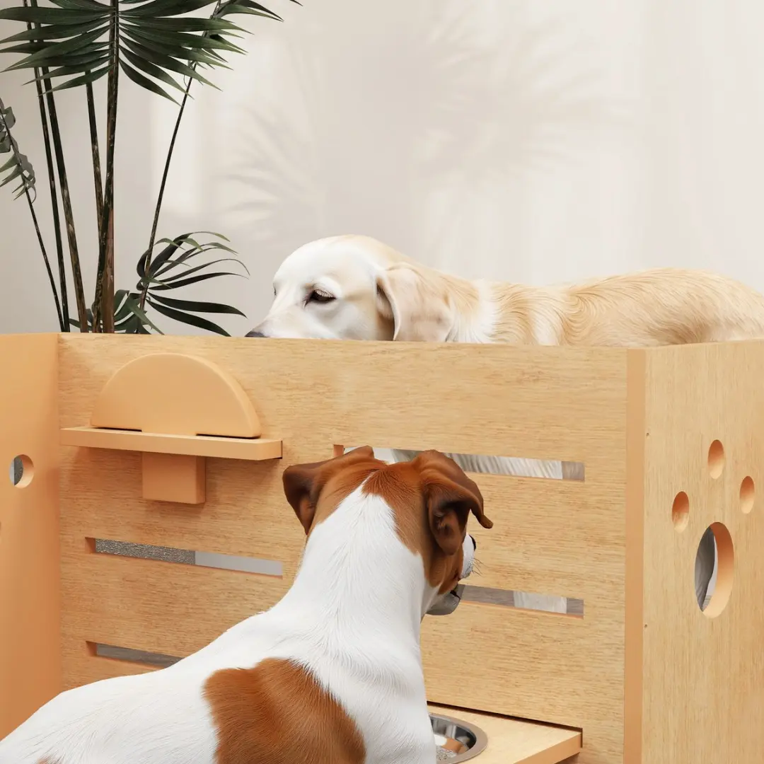 Pawhut Hondenvoerbakstandaard RVS 63x58,5x40cm - Eikenhout