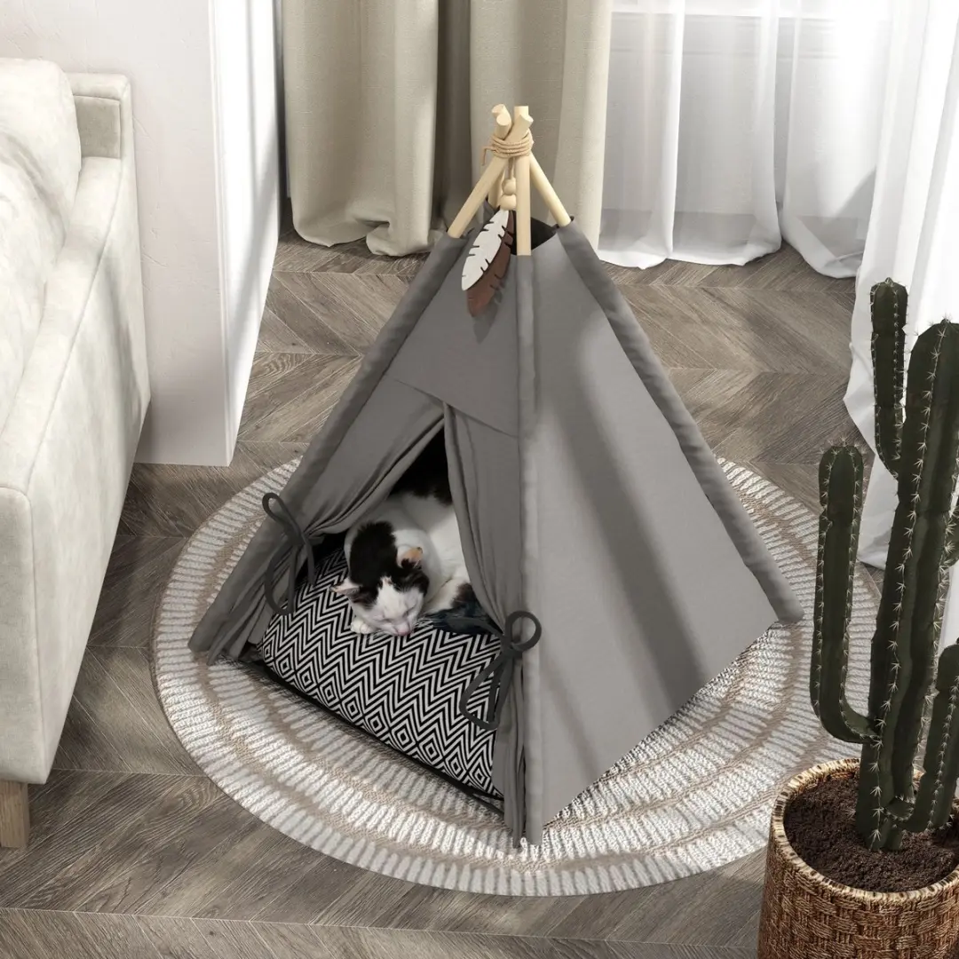 Pawhut Kattenhondentent met Kussen - Grijs/Zwart/Wit