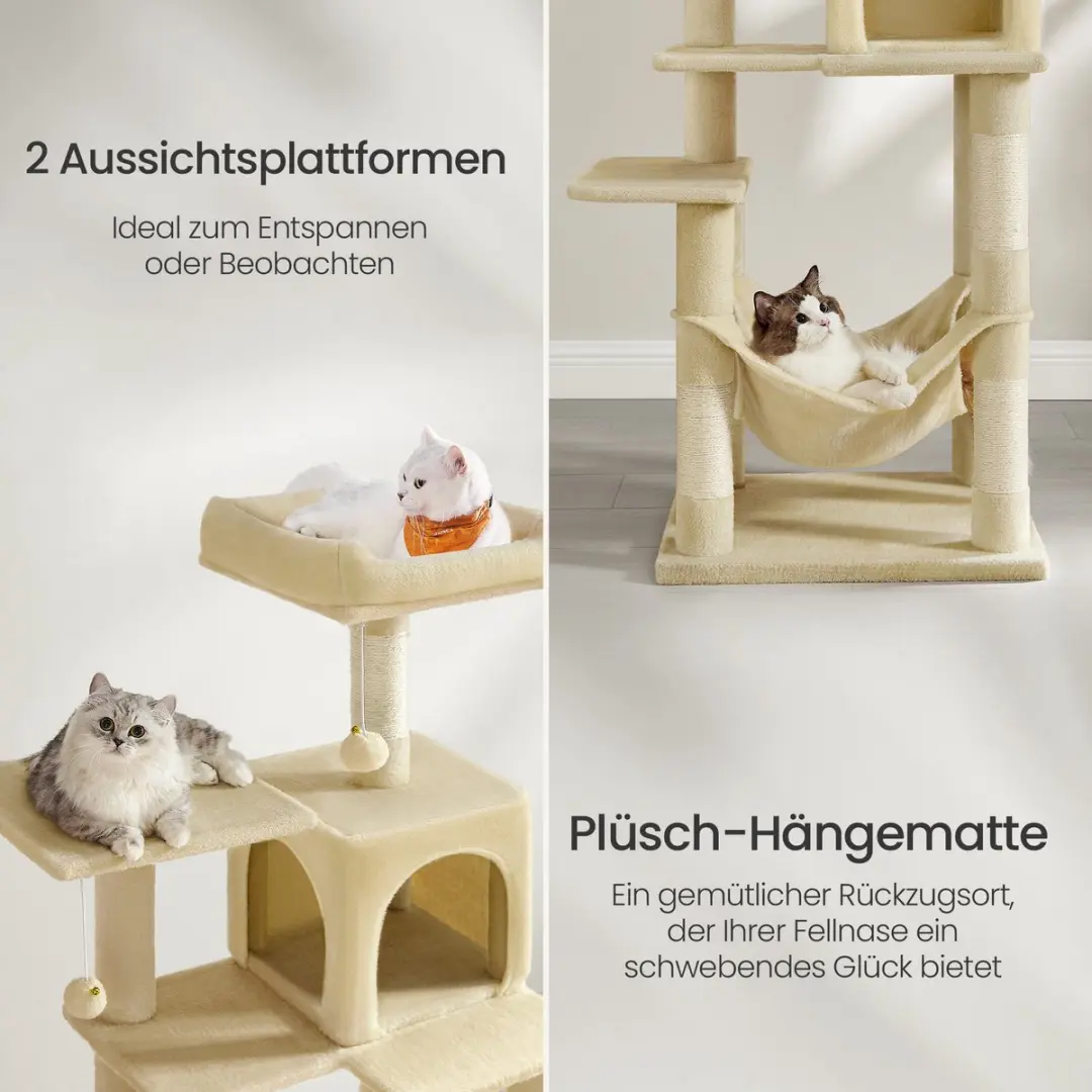 Songmics Krabpaal 143cm - Hoge Kattenboom met Grot & Hangmat - Beige