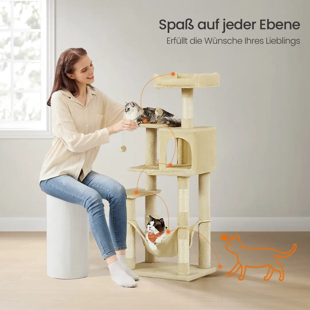 Songmics Krabpaal 143cm - Hoge Kattenboom met Grot & Hangmat - Beige