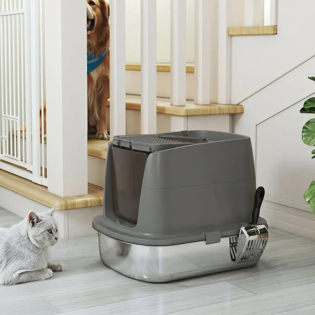 Pawhut Kattenbak Edelstahl 52L - 52x41x40cm - Donkergrijs