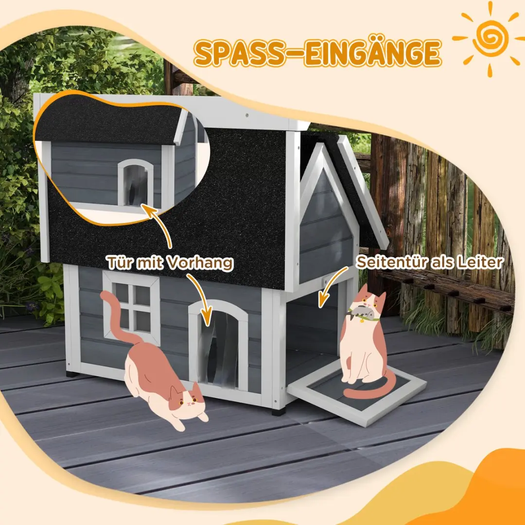 Pawhut Kattenhuis Outdoor 77x57,5x68cm - Houten Kattenhut - Grijs