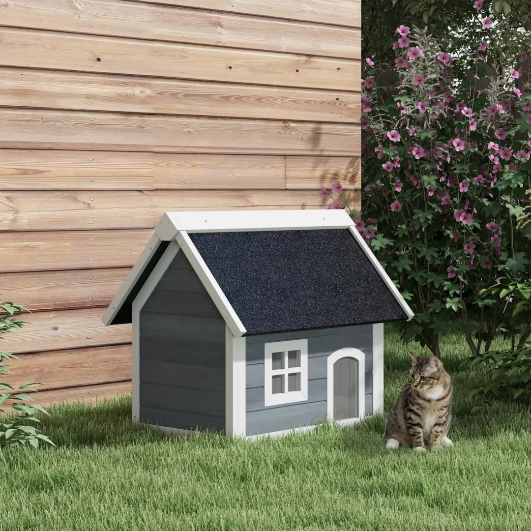 Pawhut Kattenhuis Outdoor 77x57,5x68cm - Houten Kattenhut - Grijs