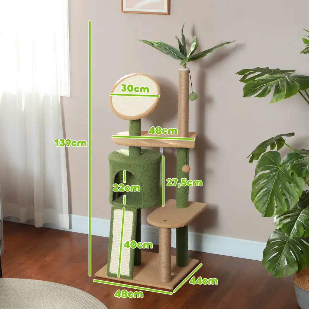 Pawhut Kratzbaum 139cm Kattenboom - 4 Niveaus - 3 Ligplekken - Groen