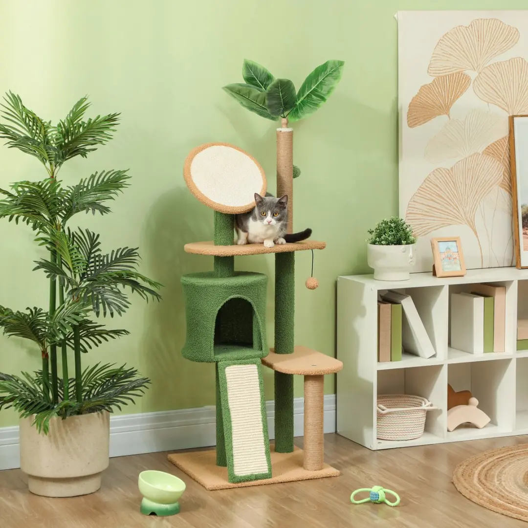 Pawhut Kratzbaum 139cm Kattenboom - 4 Niveaus - 3 Ligplekken - Groen