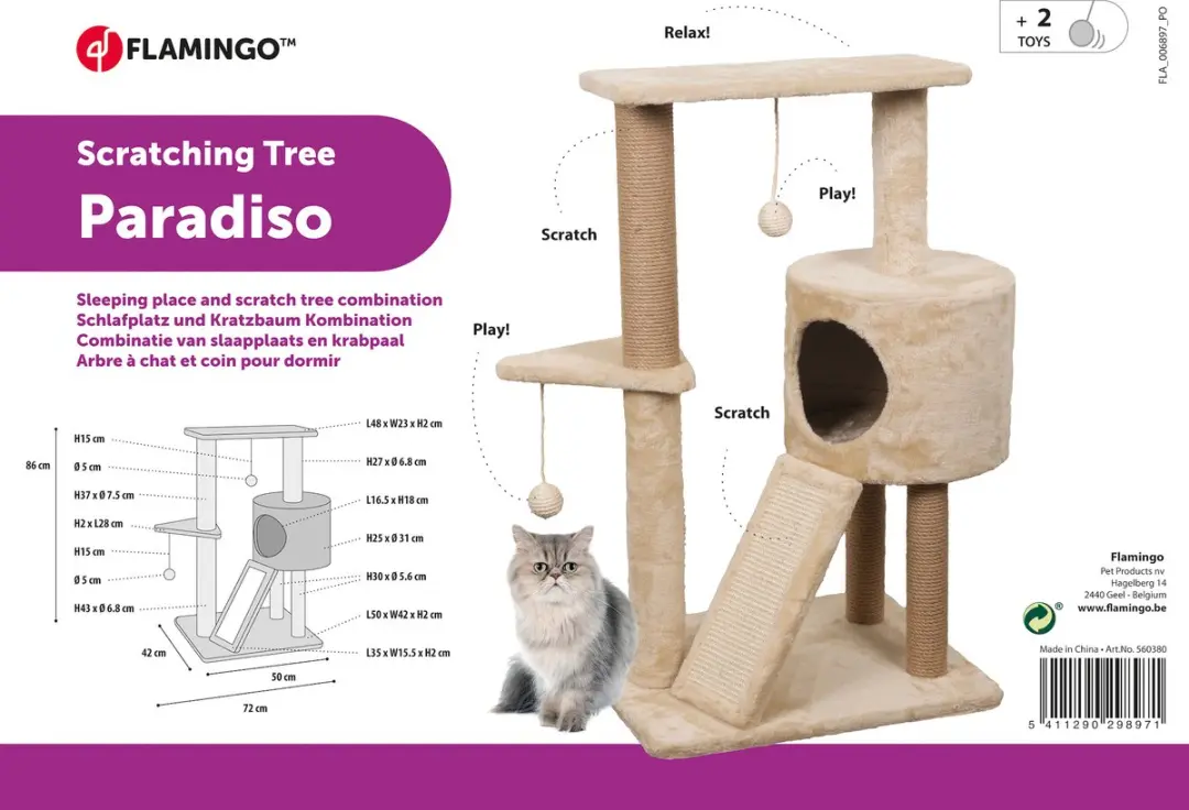 Flamingo Paradise Krabpaal - Beige - 4 Niveaus - 2 Ligplekken