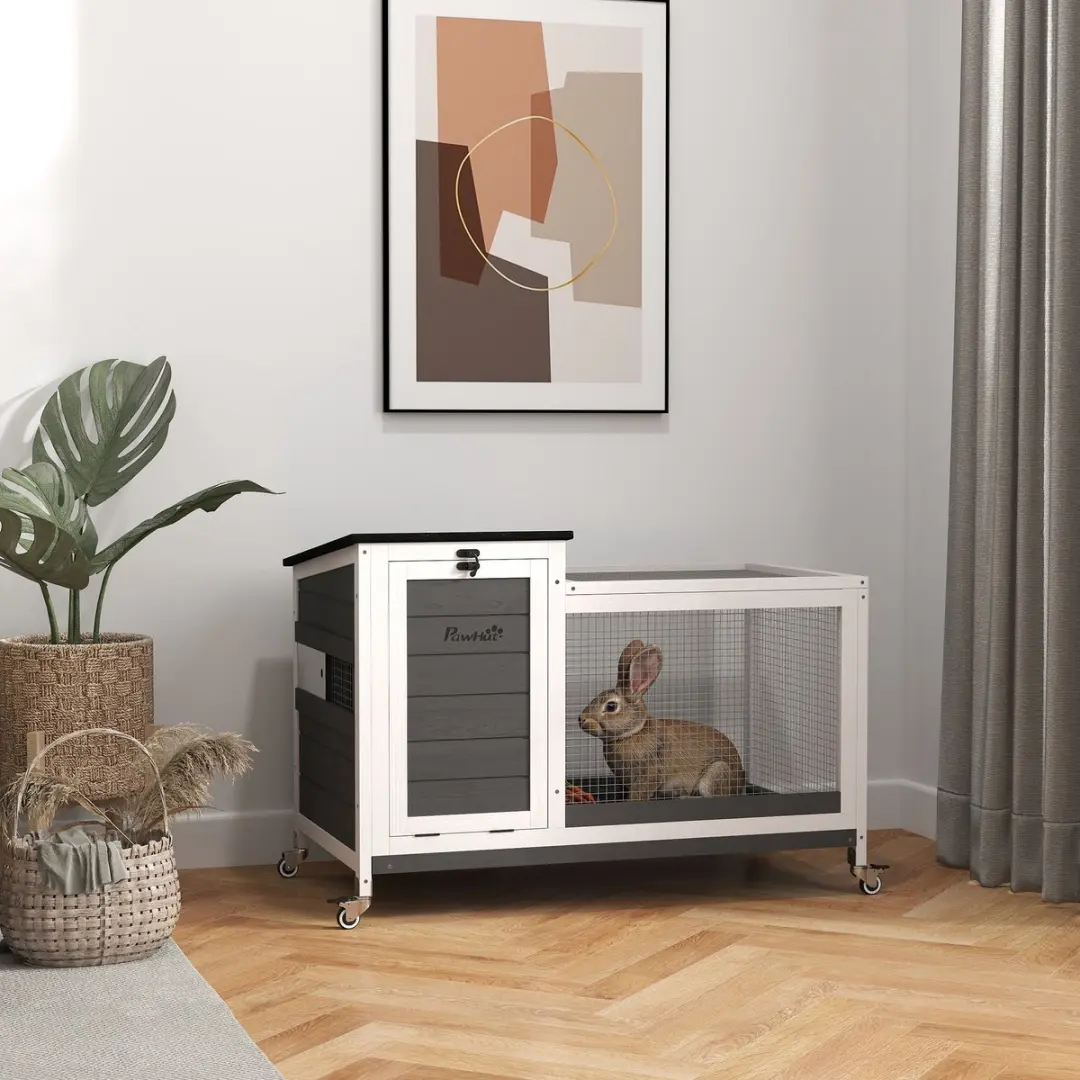 Pawhut Konijnenhok Tannenhout - 92x52x67cm - Donkergrijs