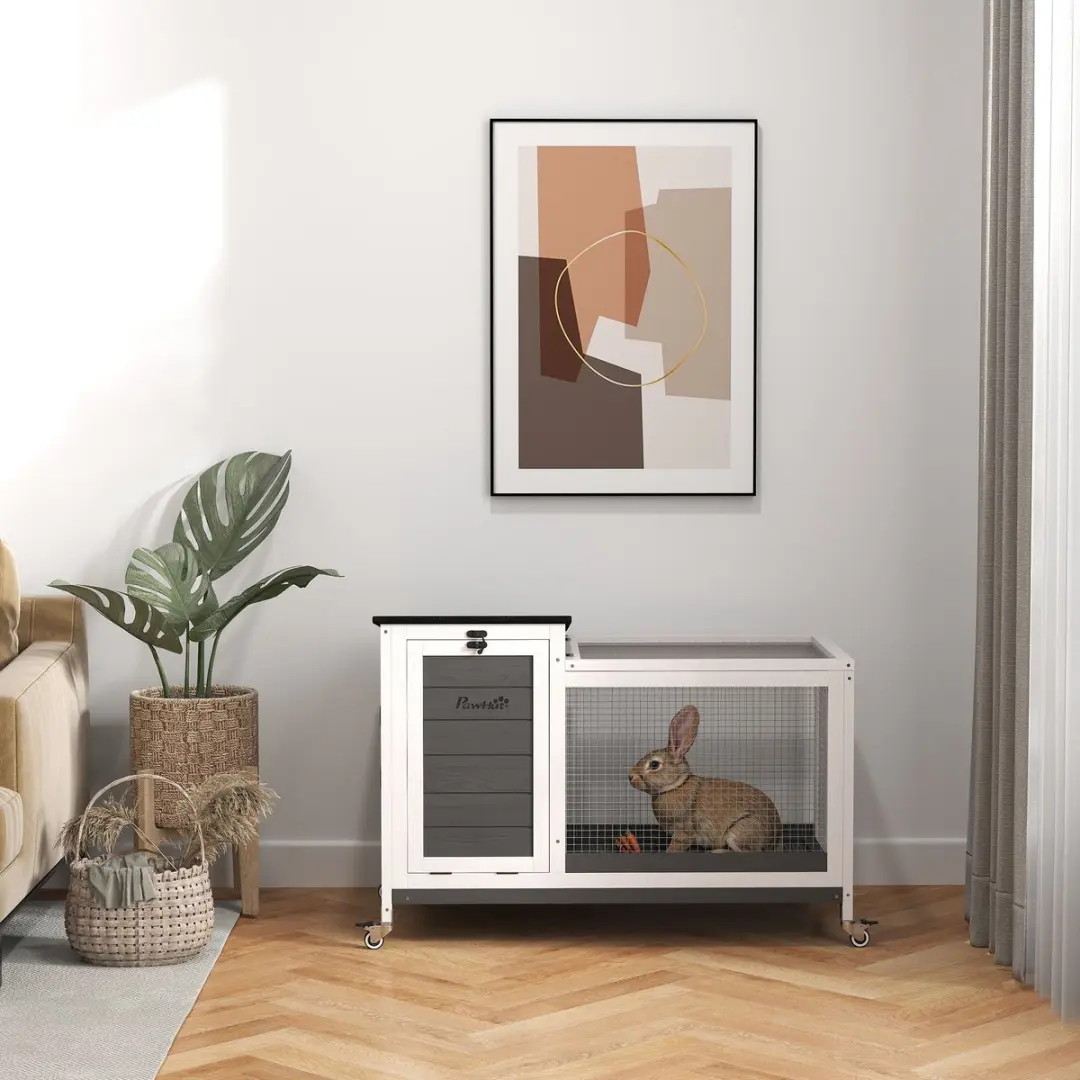 Pawhut Konijnenhok Tannenhout - 92x52x67cm - Donkergrijs