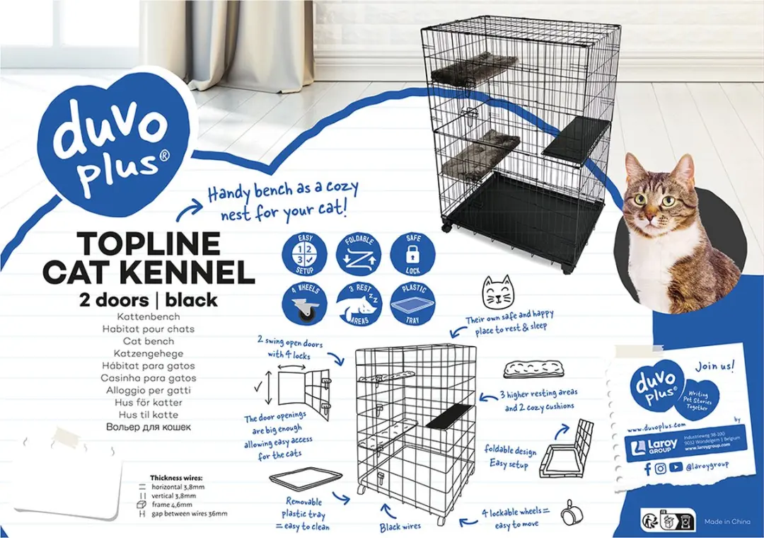 Duvo+ Topline Kattenbench 2-Deuren M - 91x61x131cm - Zwart