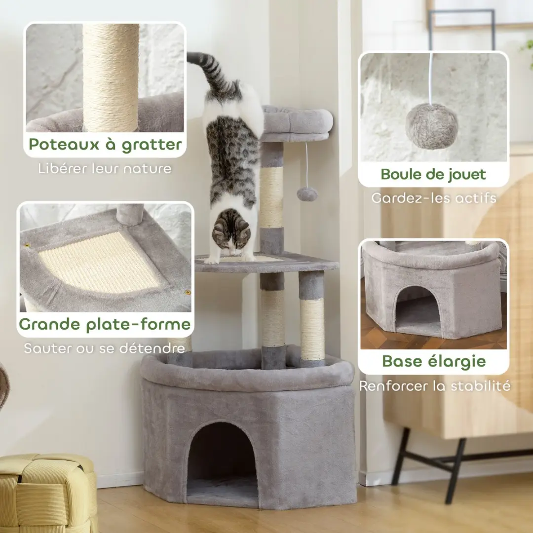 Pawhut Kattenkrabpaal Lichtgrijs 49x49x114cm - 3 Niveaus