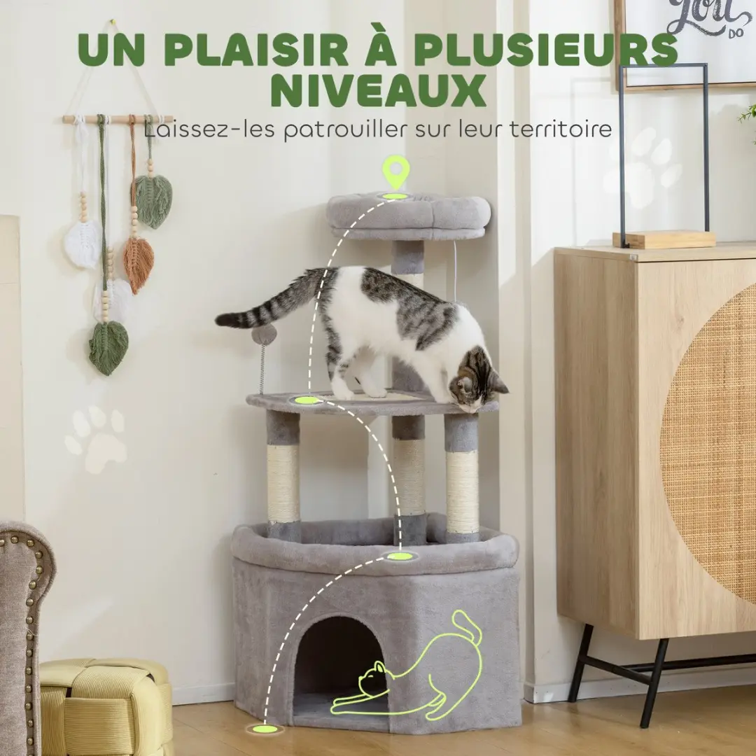 Pawhut Kattenkrabpaal Lichtgrijs 49x49x114cm - 3 Niveaus