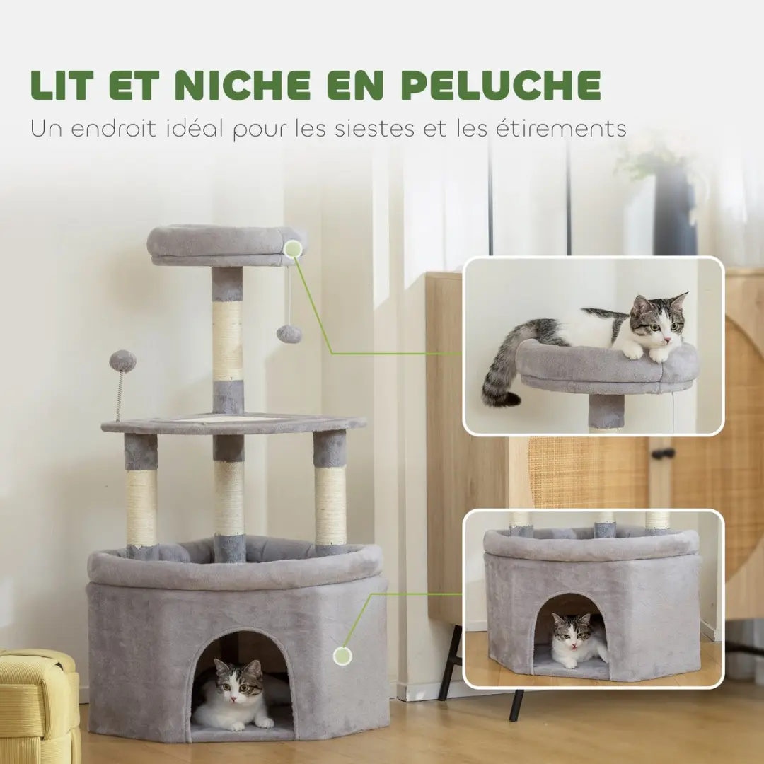 Pawhut Kattenkrabpaal Lichtgrijs 49x49x114cm - 3 Niveaus
