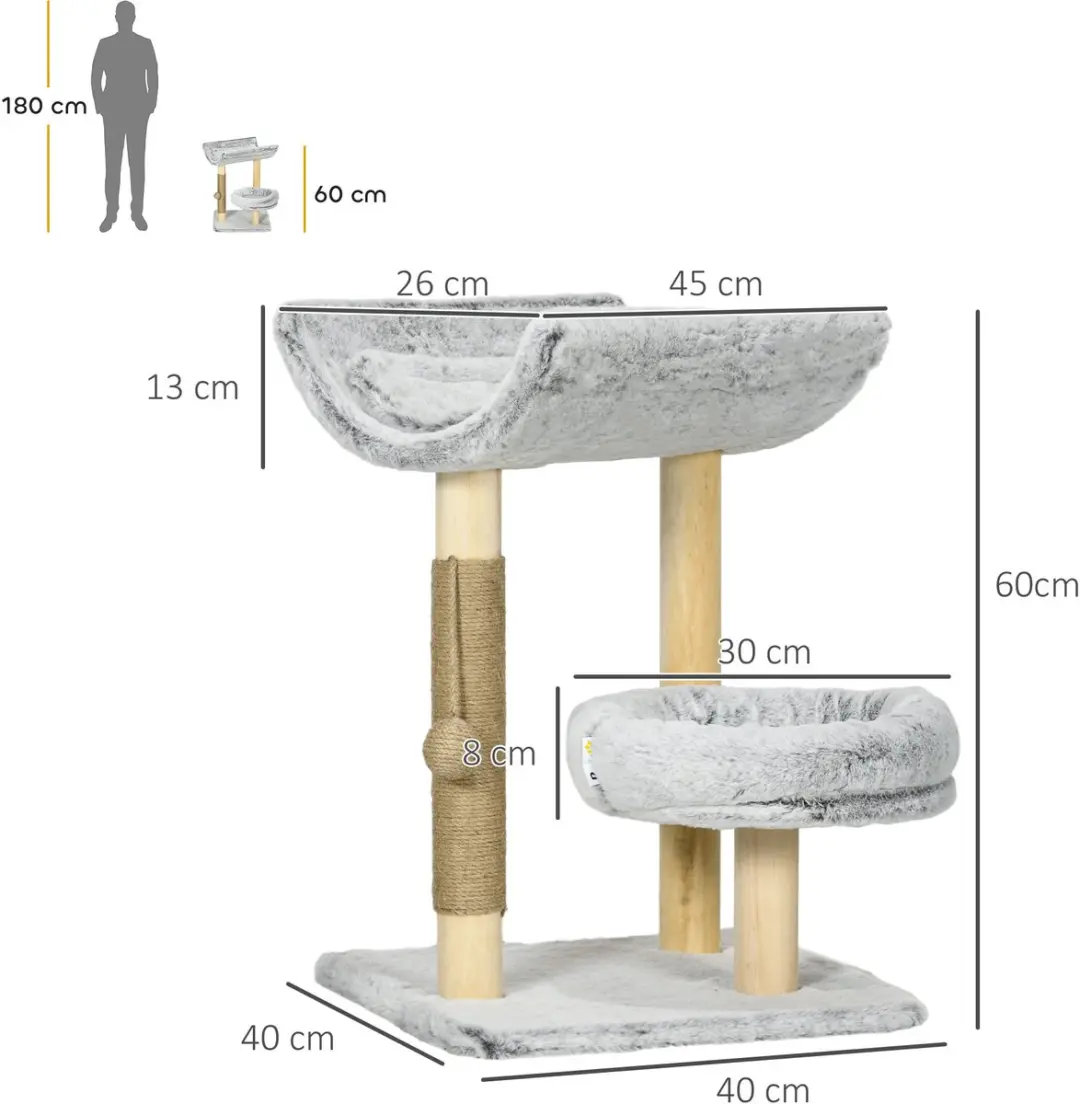 Pawhut Kattenboom 40x40x60cm Grijs - 2 Niveaus