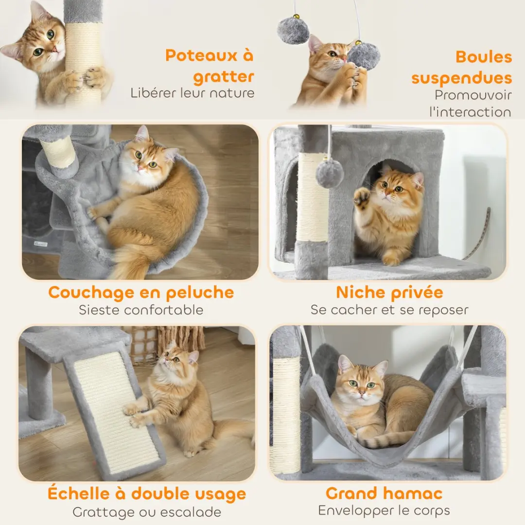 Pawhut Kattenkrabpaal Grijs - 4 Ligplekken 192cm