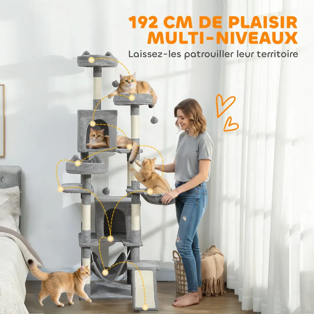 Pawhut Kattenkrabpaal Grijs - 4 Ligplekken 192cm