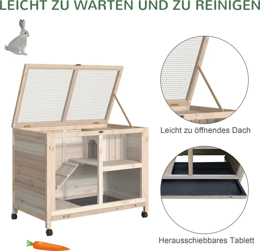 Pawhut Konijnenhok 2-Verdiepingen Met Wielen - Massief Hout Natuurlijk
