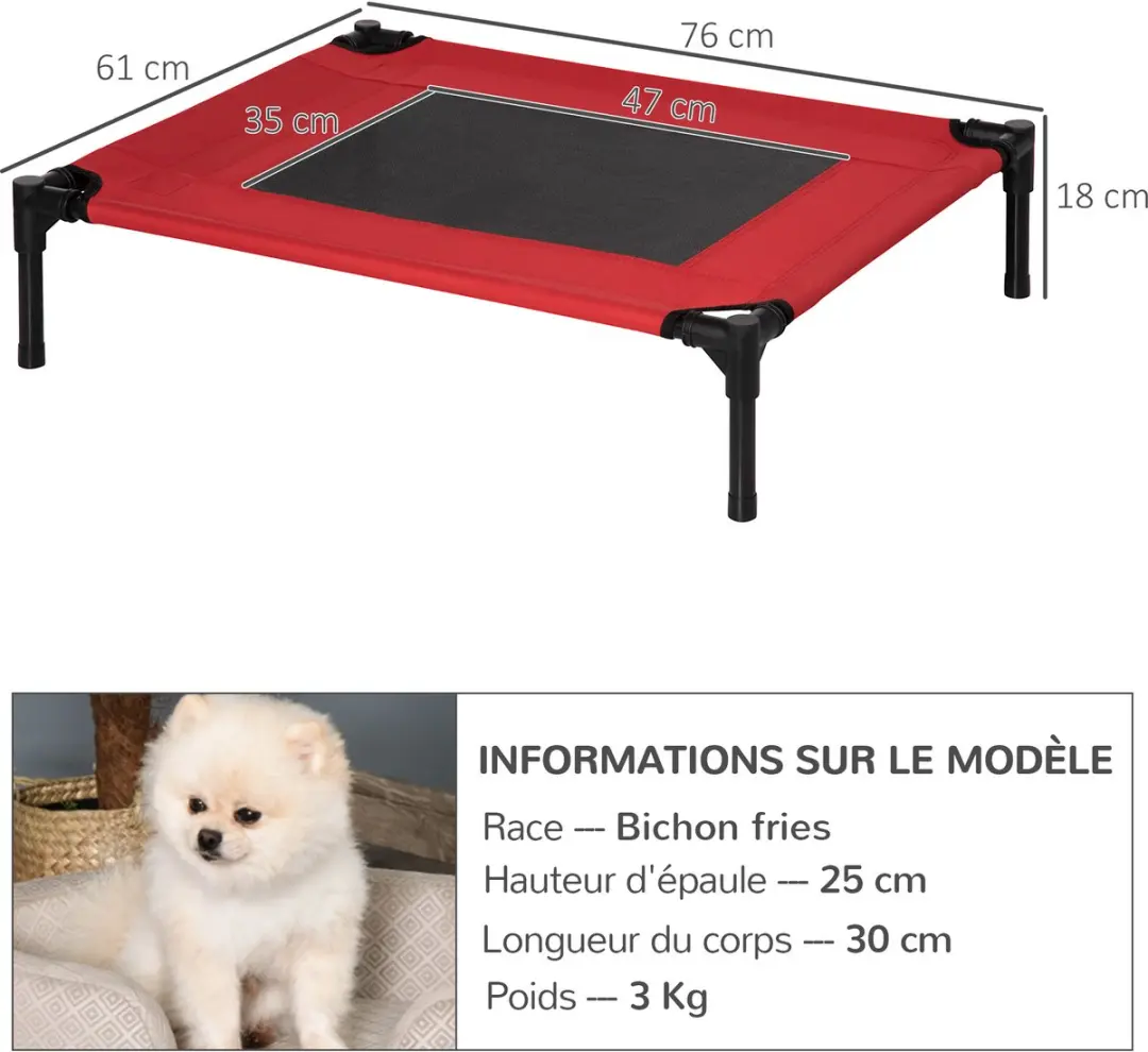 Pawhut Verhoogd Hondenbed 76x61x18cm - Rood