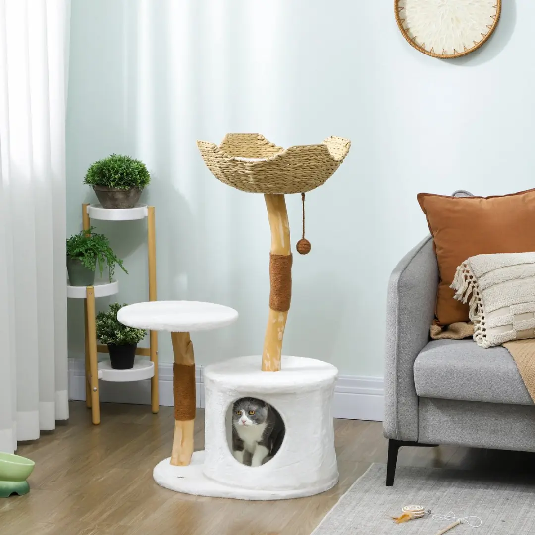 Pawhut Kattenkrabpaal - 3 Niveaus 102cm - Beige/Bruin/Wit
