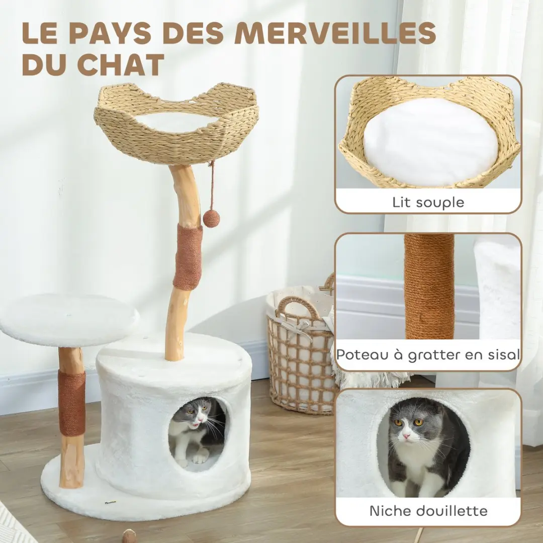 Pawhut Kattenkrabpaal - 3 Niveaus 102cm - Beige/Bruin/Wit