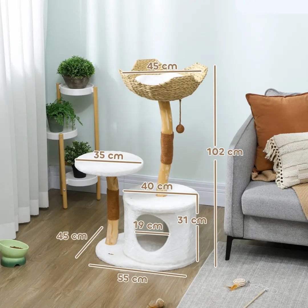 Pawhut Kattenkrabpaal - 3 Niveaus 102cm - Beige/Bruin/Wit