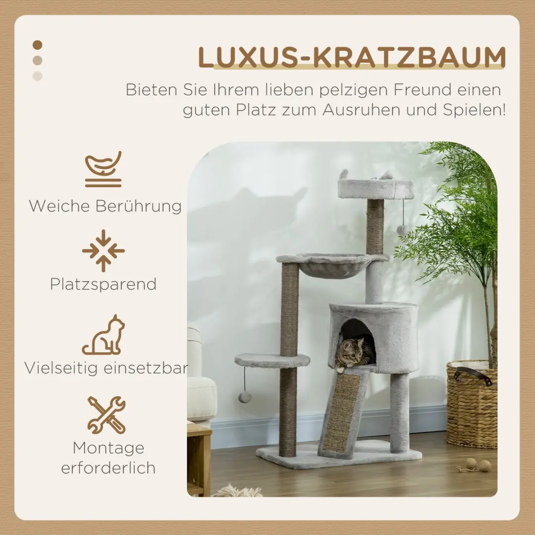 Pawhut Kattenkrattenboom Hellgrau - 3 Niveaus 4 Ligplekken