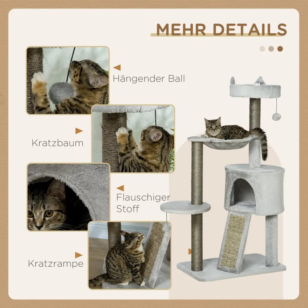 Pawhut Kattenkrattenboom Hellgrau - 3 Niveaus 4 Ligplekken