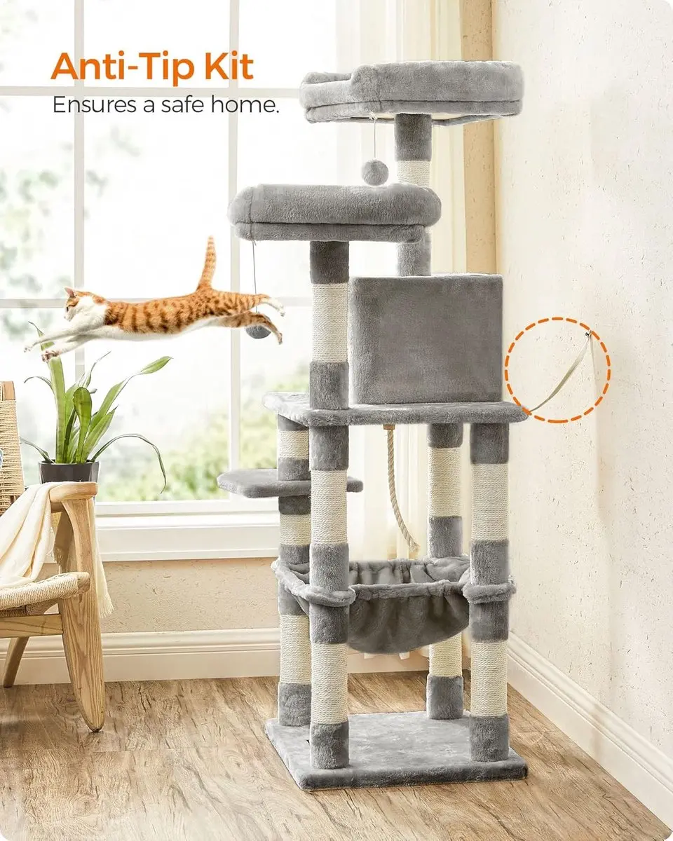 Songmics Nancy's Kattenboom XL 143cm Krabpaal - 5 Niveaus - 6 Ligplekken - Licht Grijs