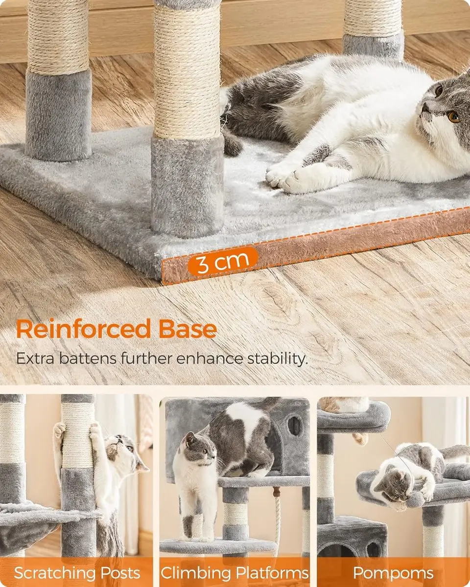 Songmics Nancy's Kattenboom XL 143cm Krabpaal - 5 Niveaus - 6 Ligplekken - Licht Grijs