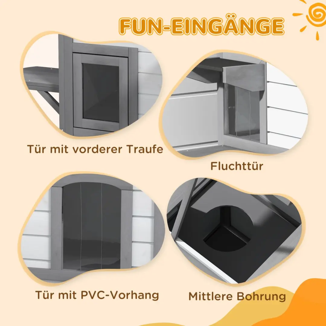 Pawhut Kattenhuis 2-etagen - Asfaltdak - 78x55,5x91cm - Tannenhout - Wit/Grijs - afbeelding 6 van 6