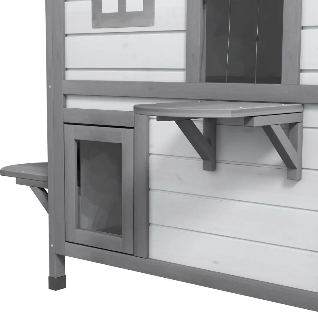 Pawhut Kattenhuis 2-etagen - Asfaltdak - 78x55,5x91cm - Tannenhout - Wit/Grijs