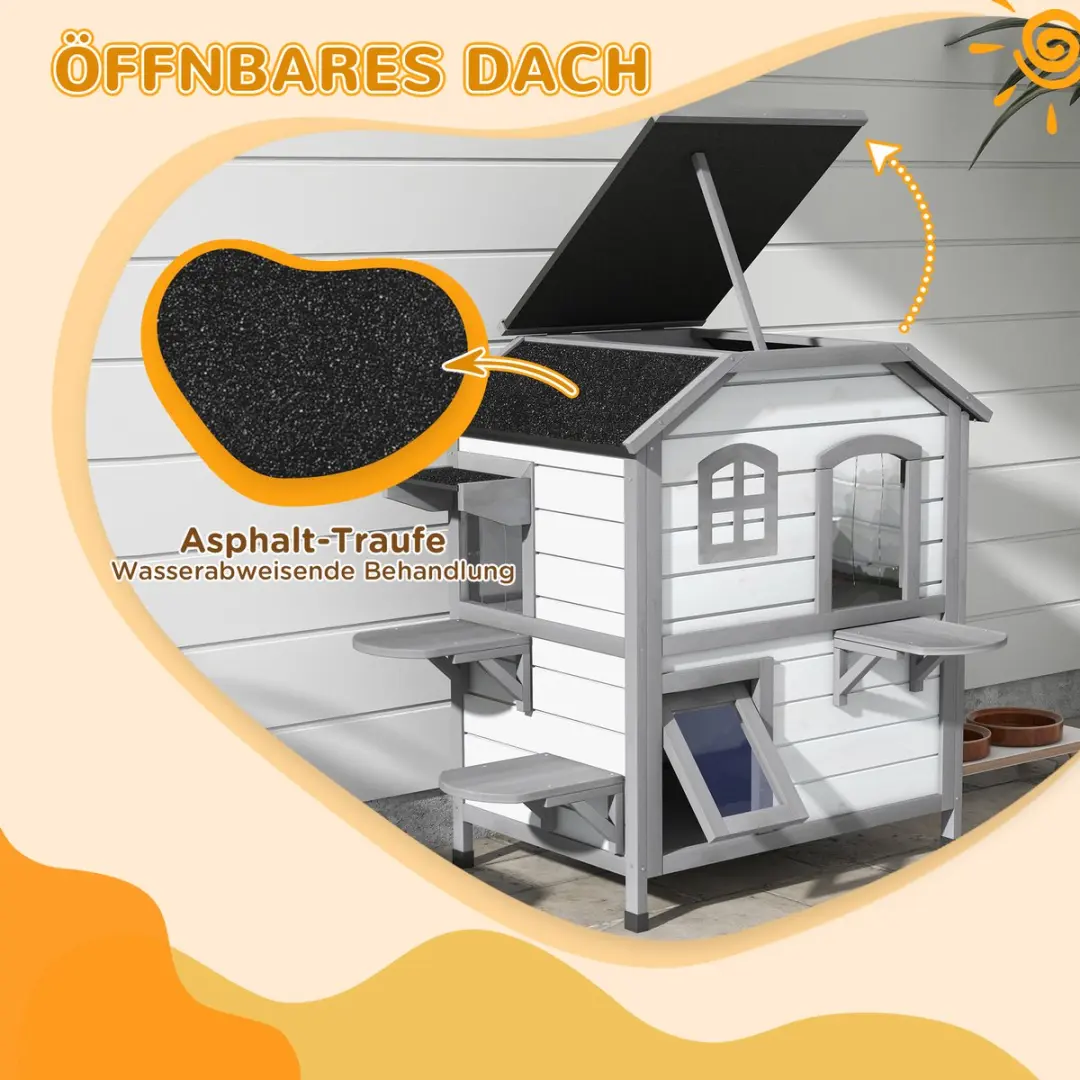 Pawhut Kattenhuis 2-etagen - Asfaltdak - 78x55,5x91cm - Tannenhout - Wit/Grijs