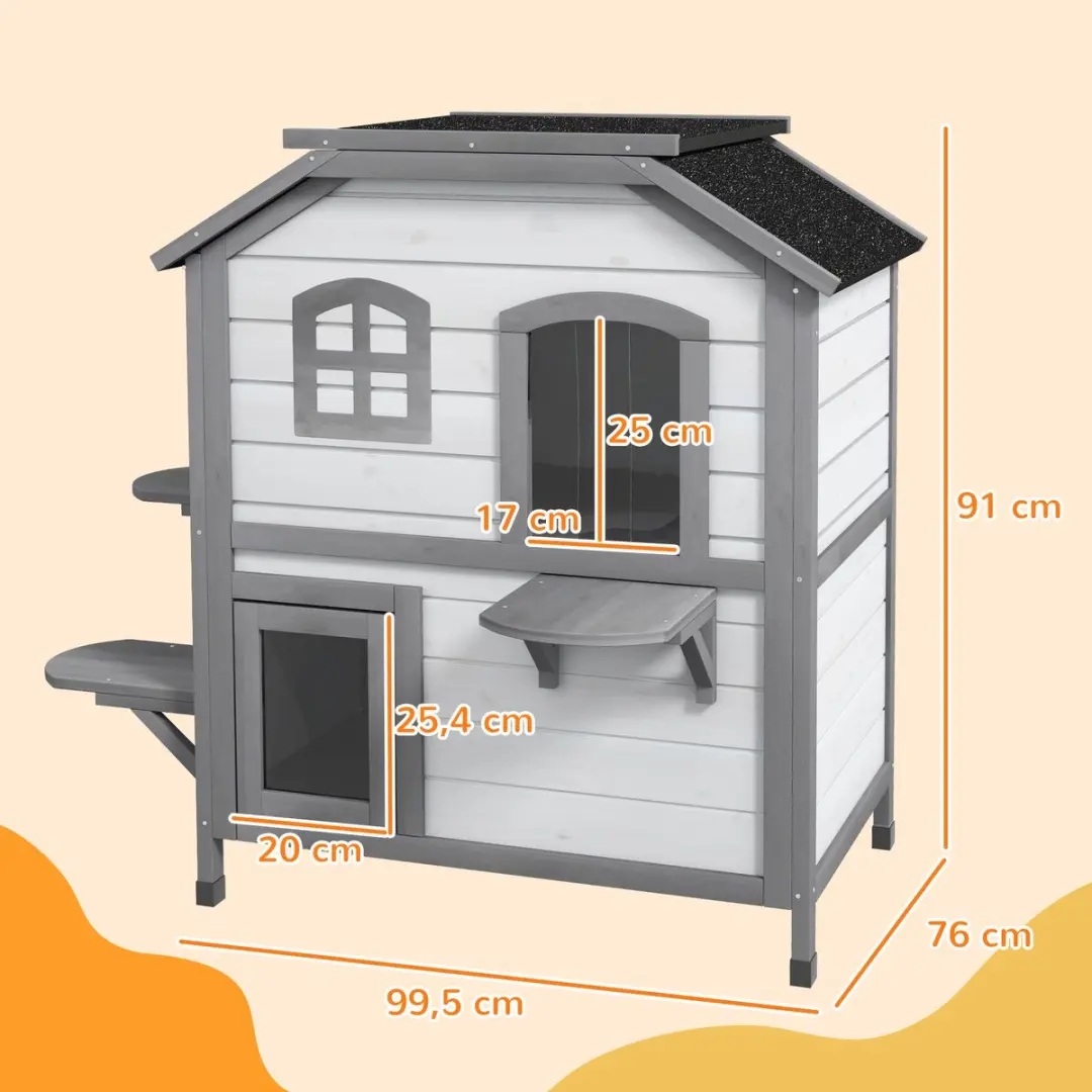Pawhut Kattenhuis 2-etagen - Asfaltdak - 78x55,5x91cm - Tannenhout - Wit/Grijs