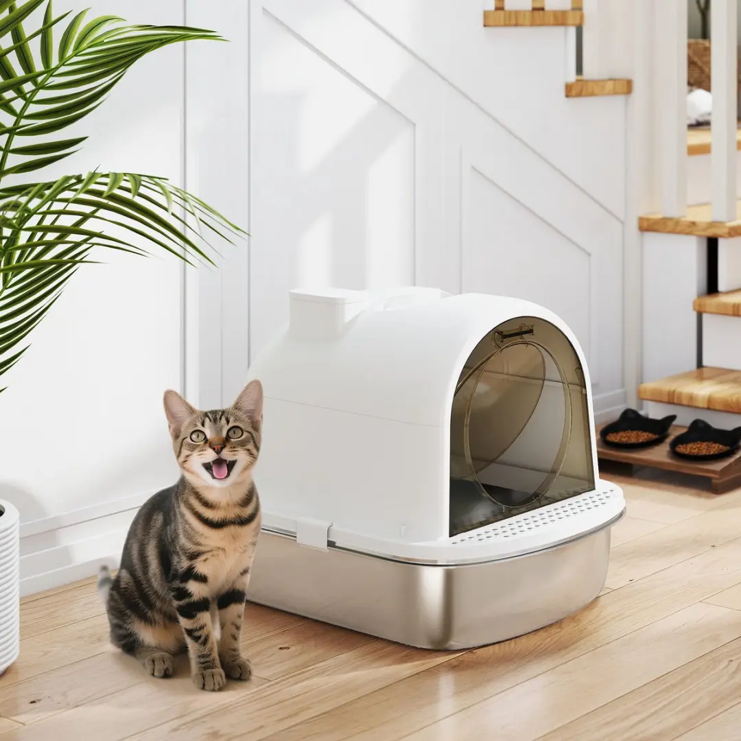 Pawhut Kattenbak Roestvrij Staal 201 - 52x41cm - Wit