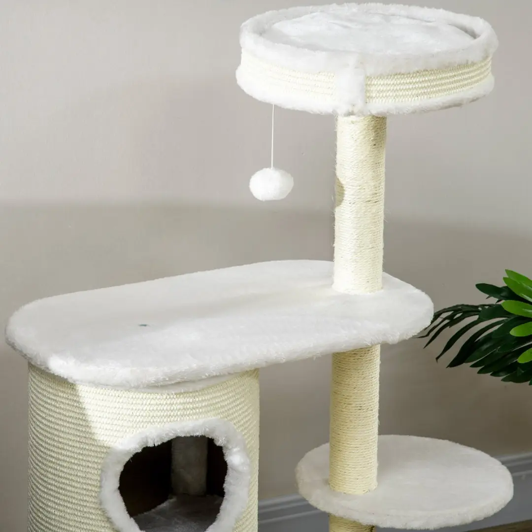 Pawhut Kattenkrabpaal 100cm - 4 Niveaus - Cremewit