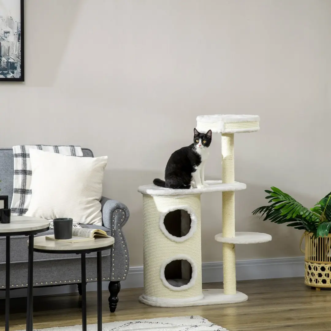 Pawhut Kattenkrabpaal 100cm - 4 Niveaus - Cremewit