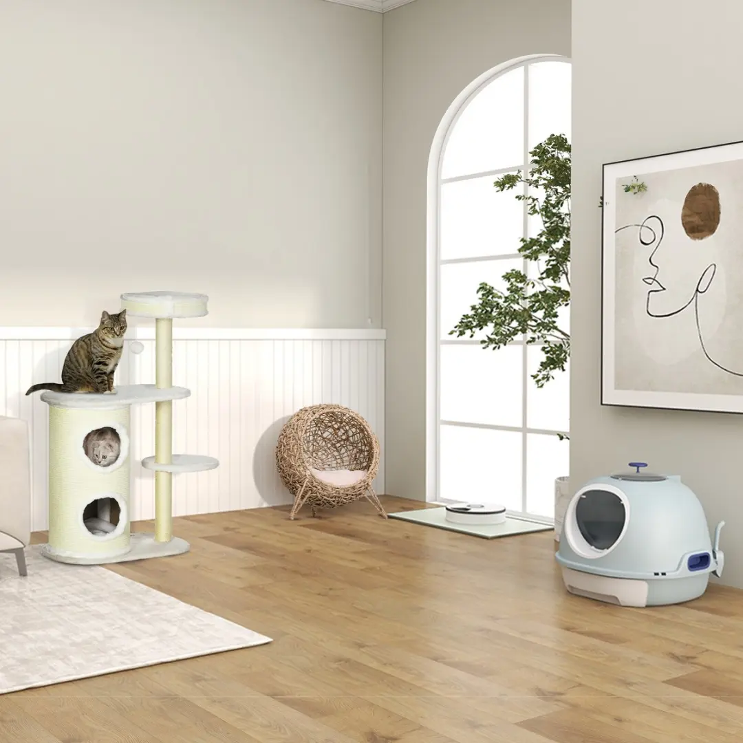 Pawhut Kattenkrabpaal 100cm - 4 Niveaus - Cremewit