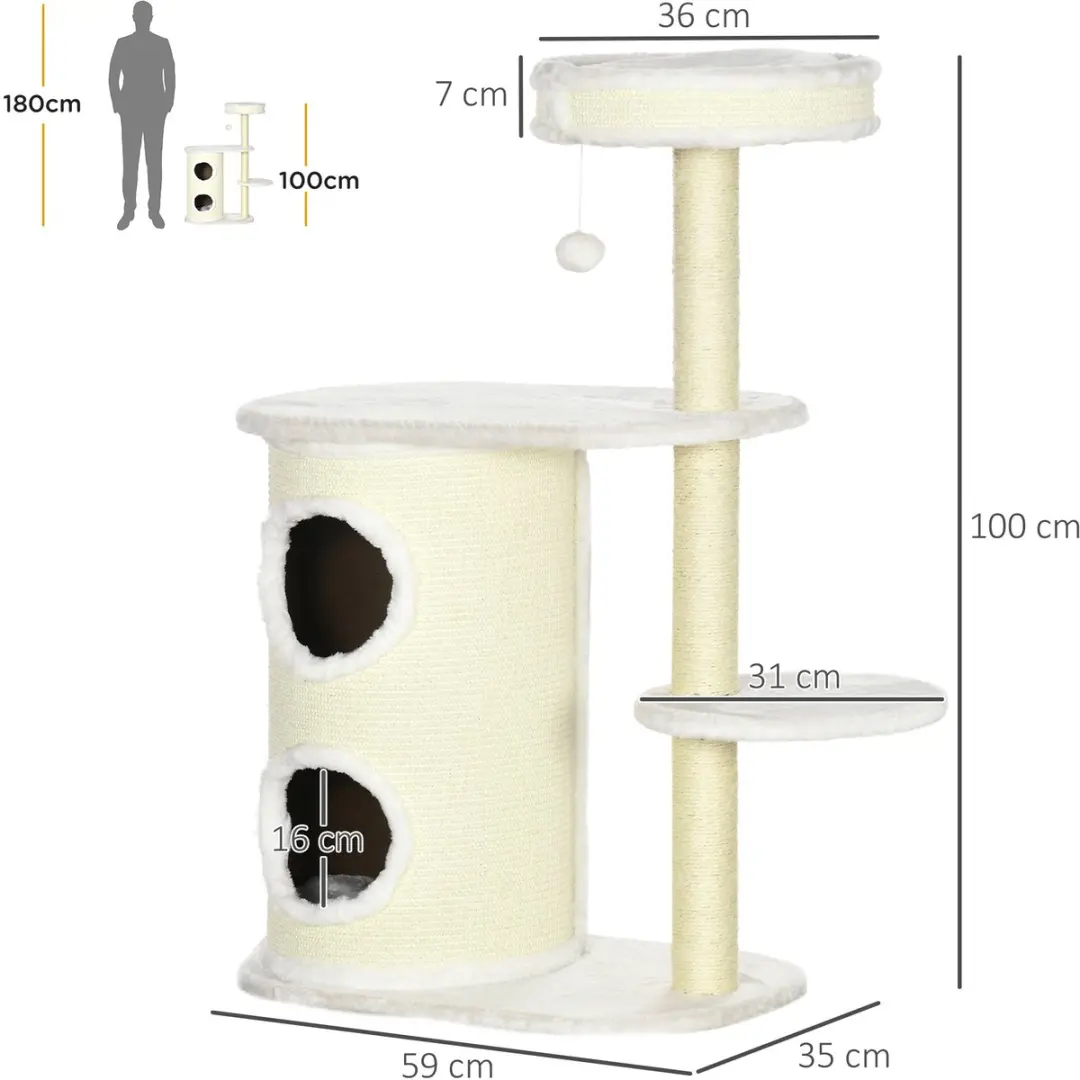 Pawhut Kattenkrabpaal 100cm - 4 Niveaus - Cremewit