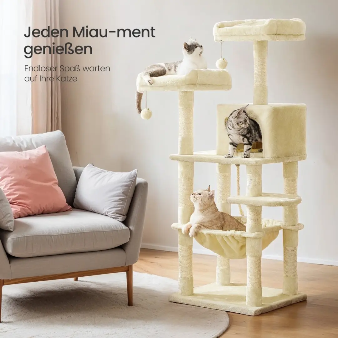 Songmics Krabpaal Kattenboom 143cm - 4 Niveaus - 3 Ligplekken - Beige