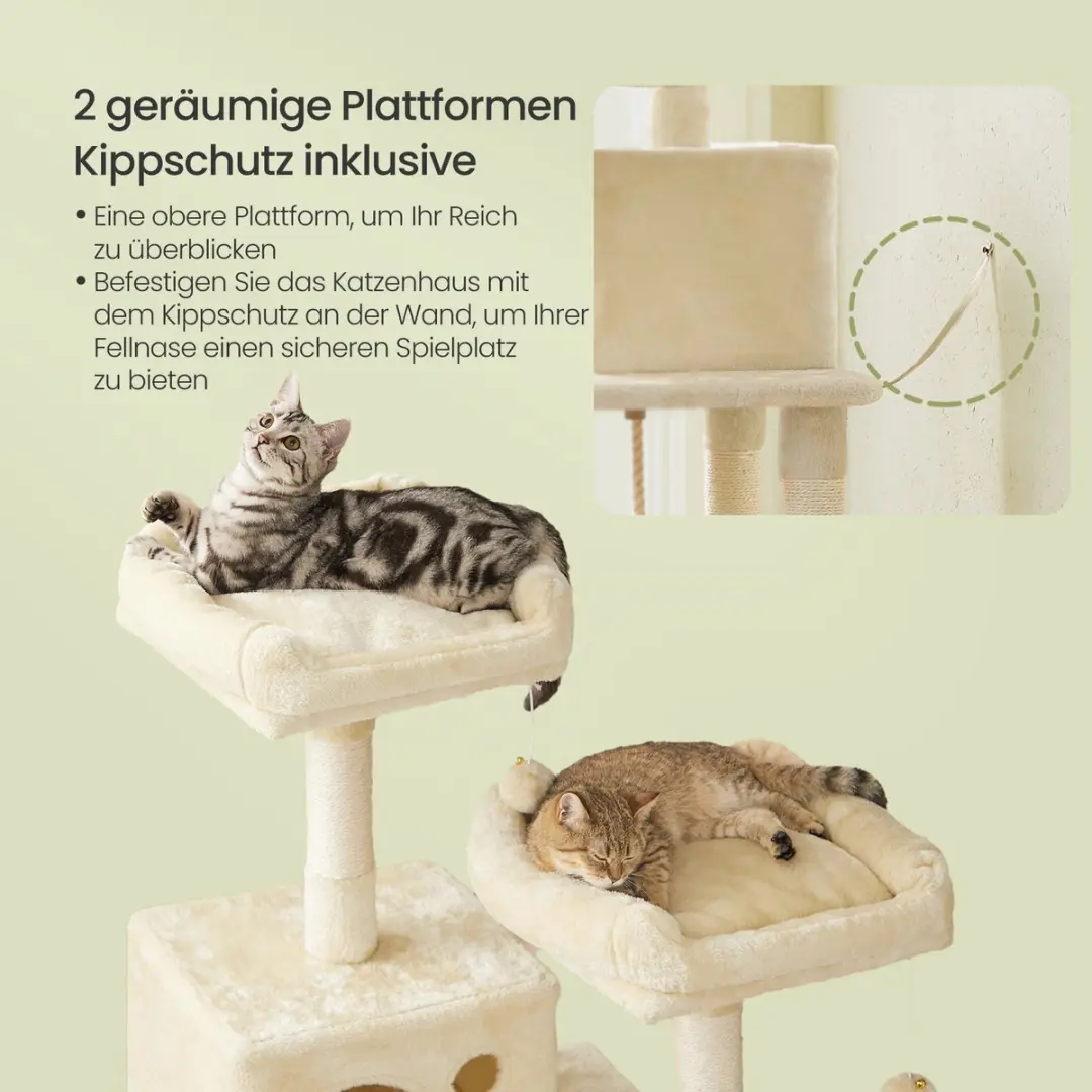 Songmics Krabpaal Kattenboom 143cm - 4 Niveaus - 3 Ligplekken - Beige