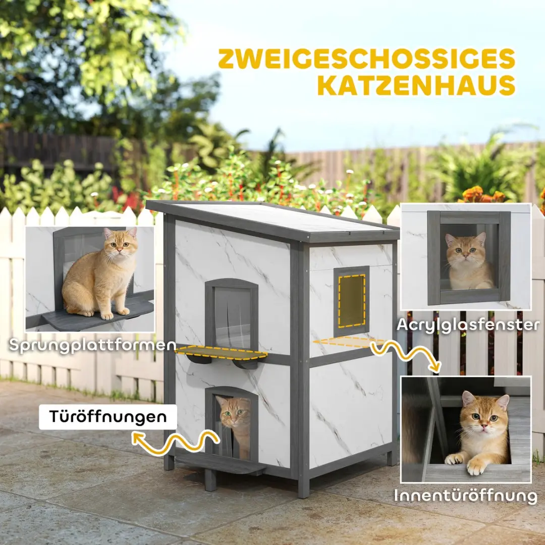 Pawhut Kattenhuis Sparrenhout 60x60x88cm Grijs/Wit - afbeelding 6 van 6