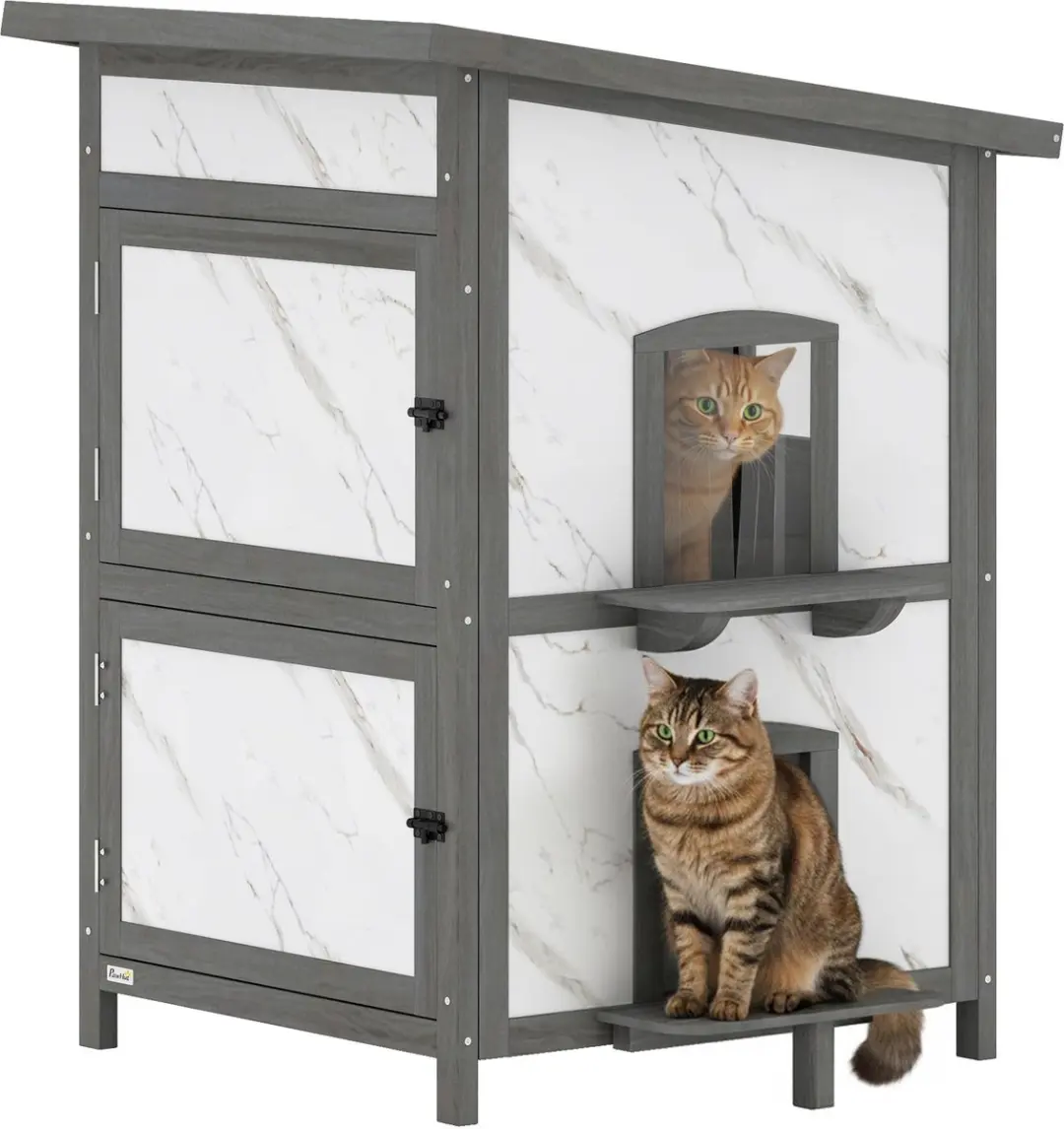 Pawhut Kattenhuis Sparrenhout 60x60x88cm Grijs/Wit