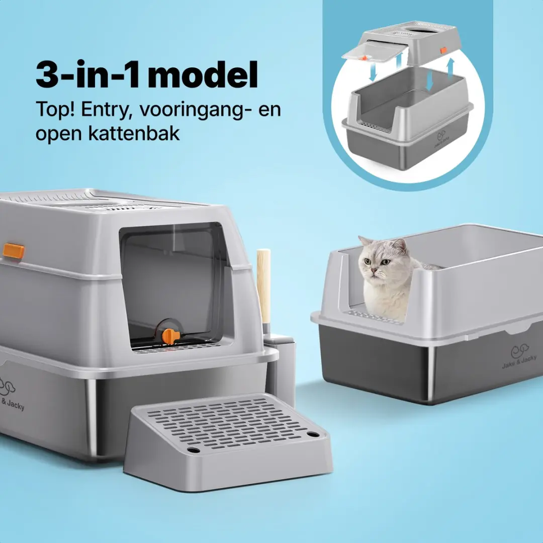 Jake and Jacky RVS Kattenbak Hop In 60x40cm - Roestvrijstaal - 3-delig