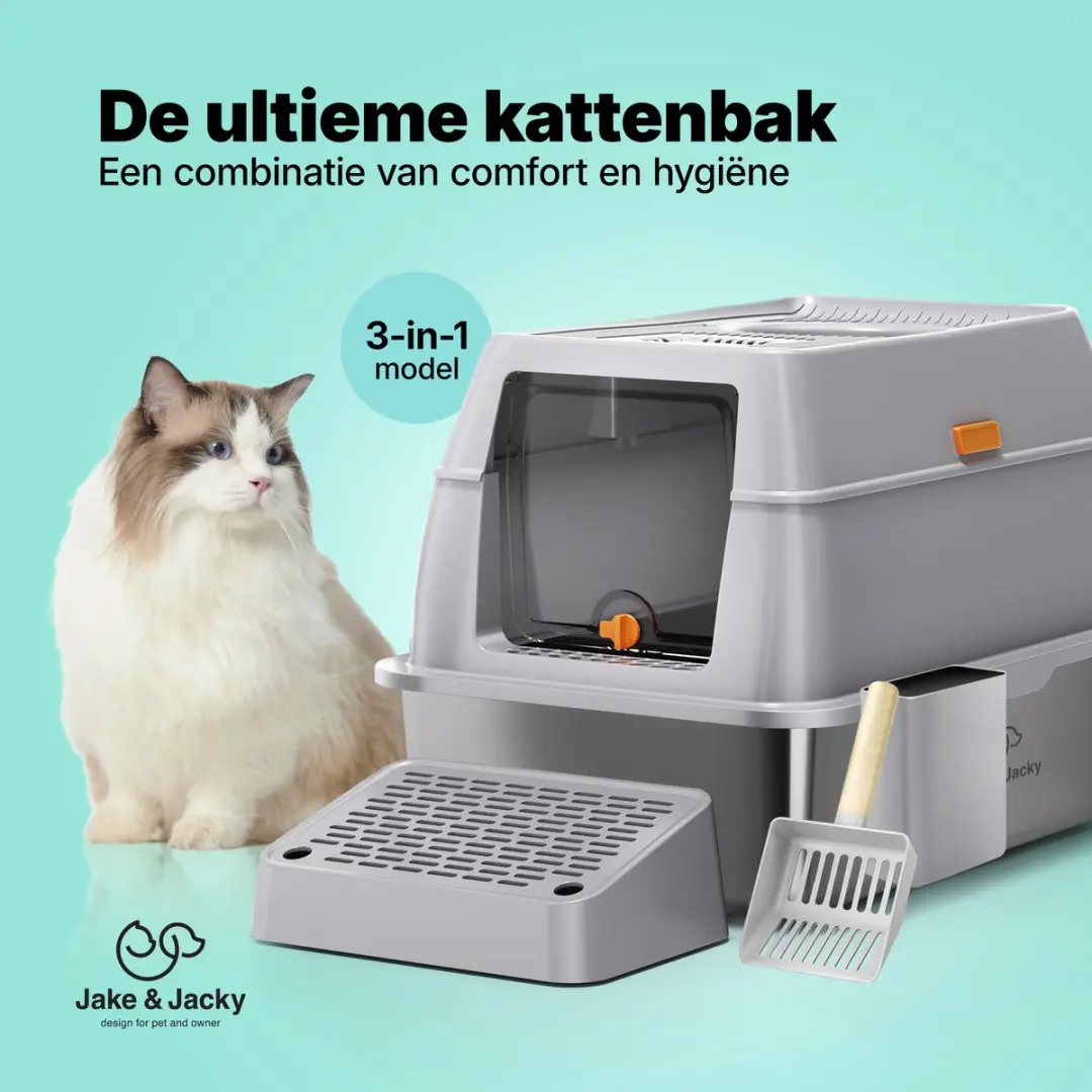 Jake and Jacky RVS Kattenbak Hop In 60x40cm - Roestvrijstaal - 3-delig